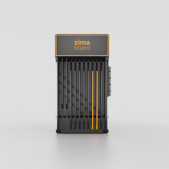 ZimaBoard decentralized home server, black with orange accents, 'zima board' logo, slatted design.