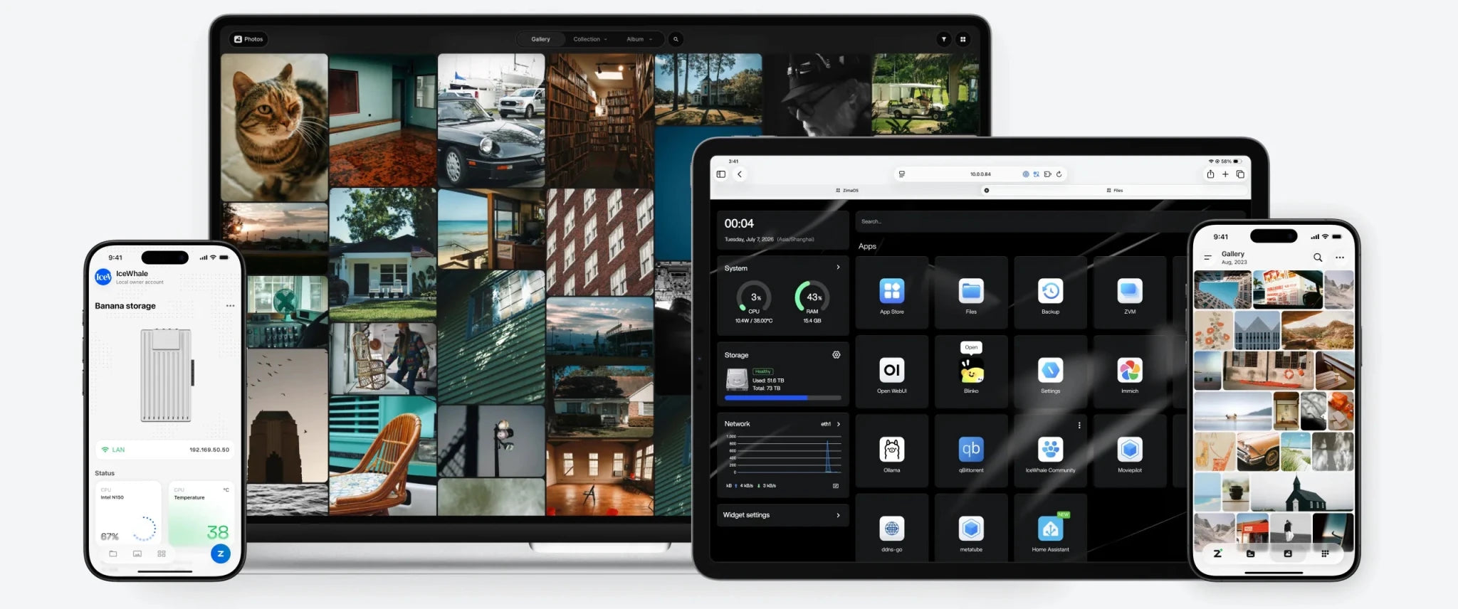 ZimaOS Photos and the ZimaOS dashboard on a laptop, tablet and phones