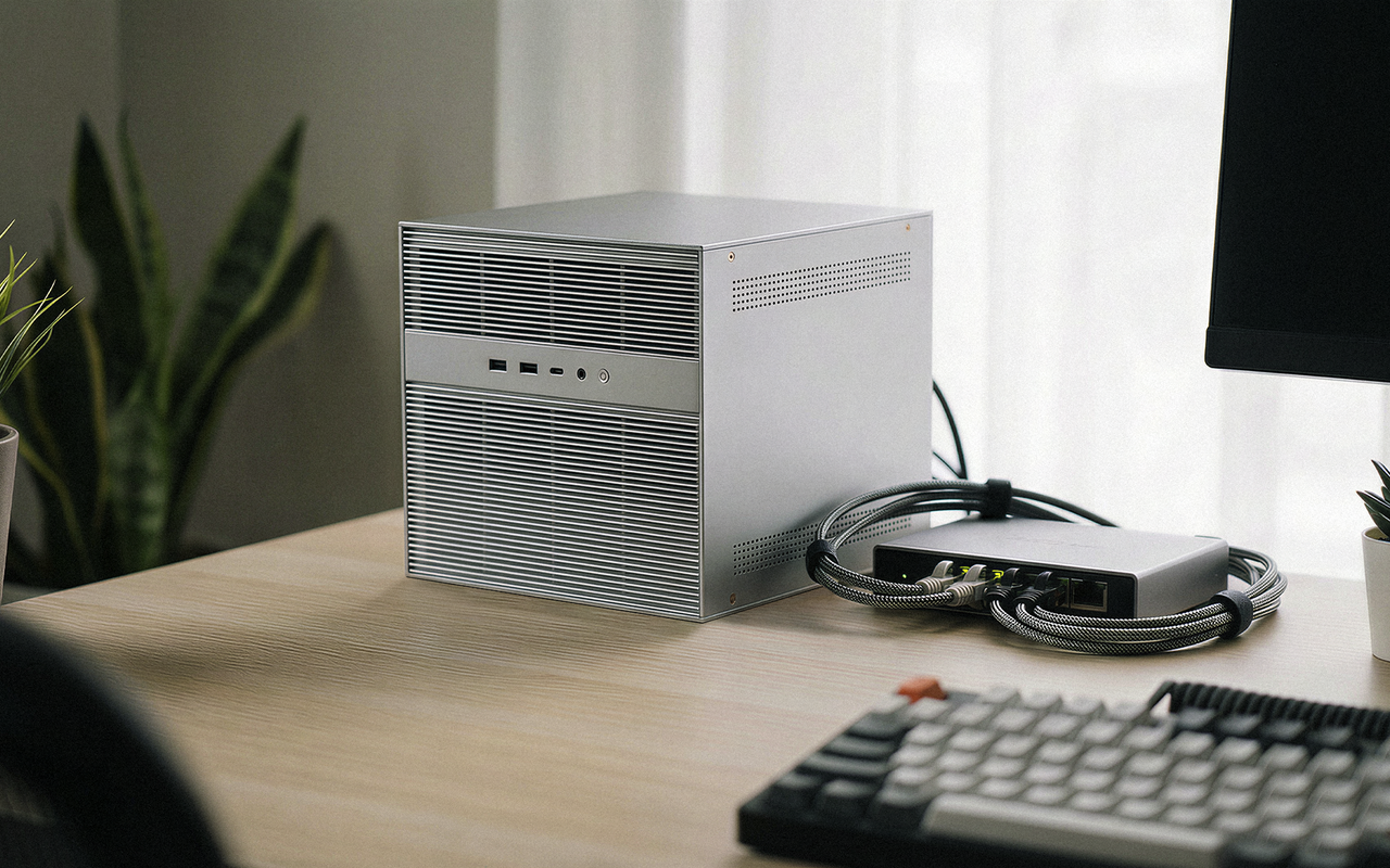 Silver ZimaCube 2 all-in-one self-hosted homelab server placed on light wooden desk with network switch, mechanical keyboard and houseplant beside sheer window curtains
