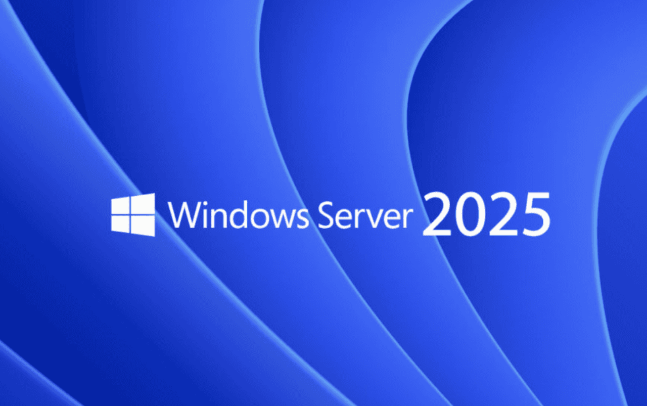 Official Windows Server 2025 blue gradient desktop wallpaper with Microsoft Windows four-pane logo and Windows Server 2025 typography