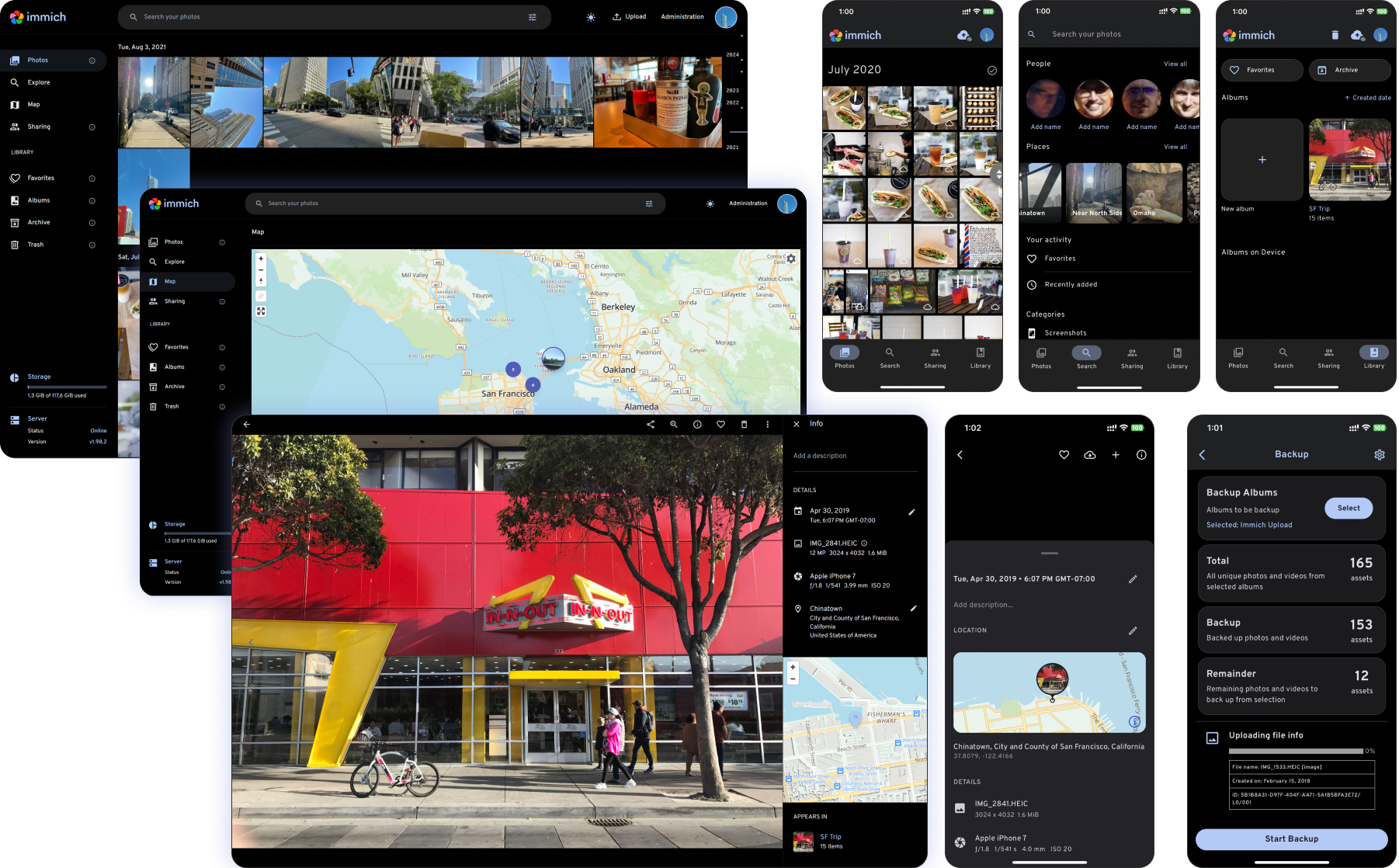 Official Immich project screenshot showing desktop and mobile photo-library interfaces
