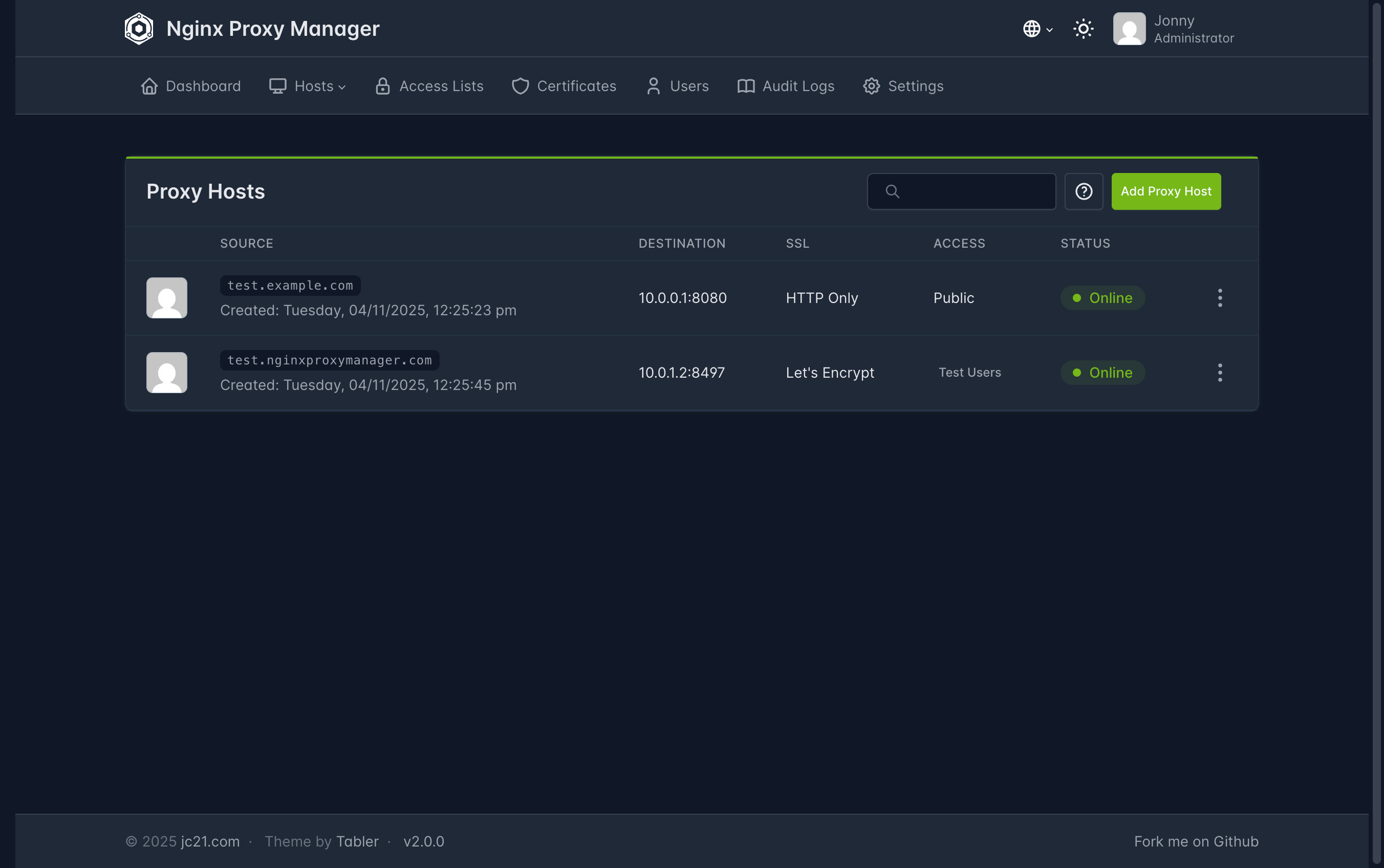 Official Nginx Proxy Manager proxy-host list screenshot