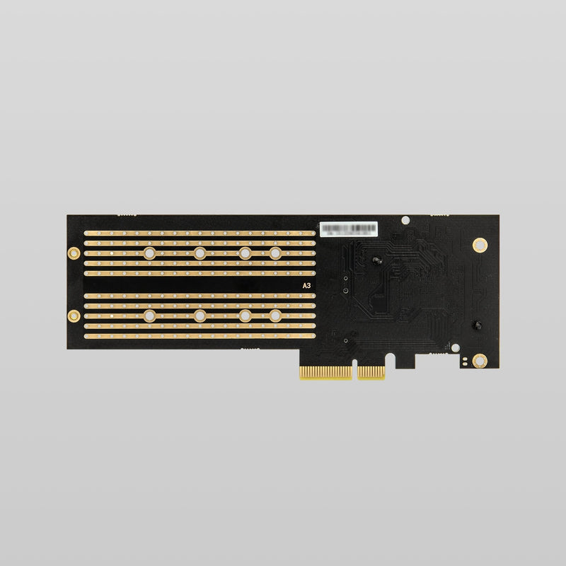 PCIe 3.0 x4 Dual NVMe M.2 SSD adapter card with gold connectors.