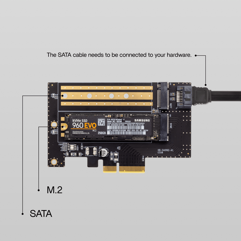 Zima PCIe adapter for NVMe & NGFF M.2 SSDs, with Samsung 960 EVO and SATA connection.
