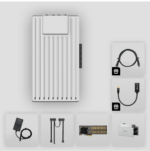 ZimaBoard 2 Mini NAS Kit: ZimaBoard server, power adapter, SATA Y-cable, NVMe adapter, HDD rack.