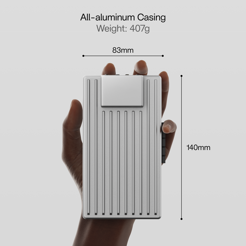 ZimaBoard 2 silver aluminum casing, 83mm wide and 140mm long, weighs 407g