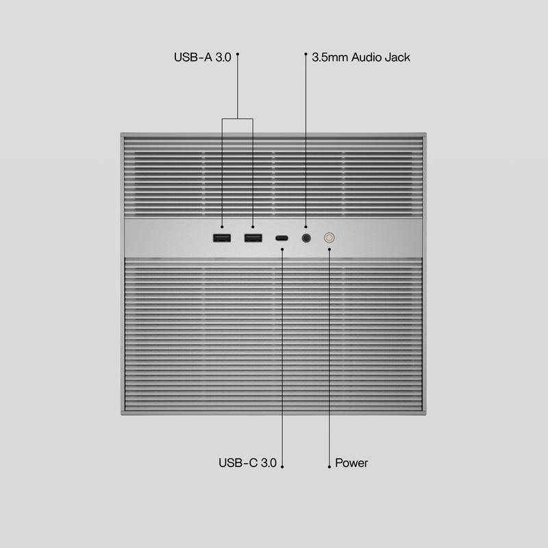 ZimaCube 2 Personal Cloud NAS front panel with USB-A 3.0, USB-C 3.0, audio jack, and power.