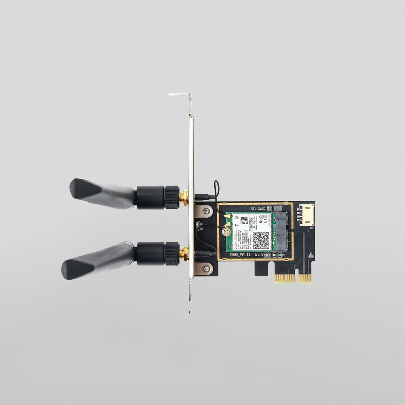 Intel AX210 WiFi 6E PCIe card with dual 8dbi antennas for ZimaBoard server upgrades.