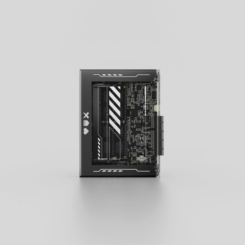 ZimaBlade personal server with motherboard visible, showing RAM slot and circuit board components within a black enclosure.