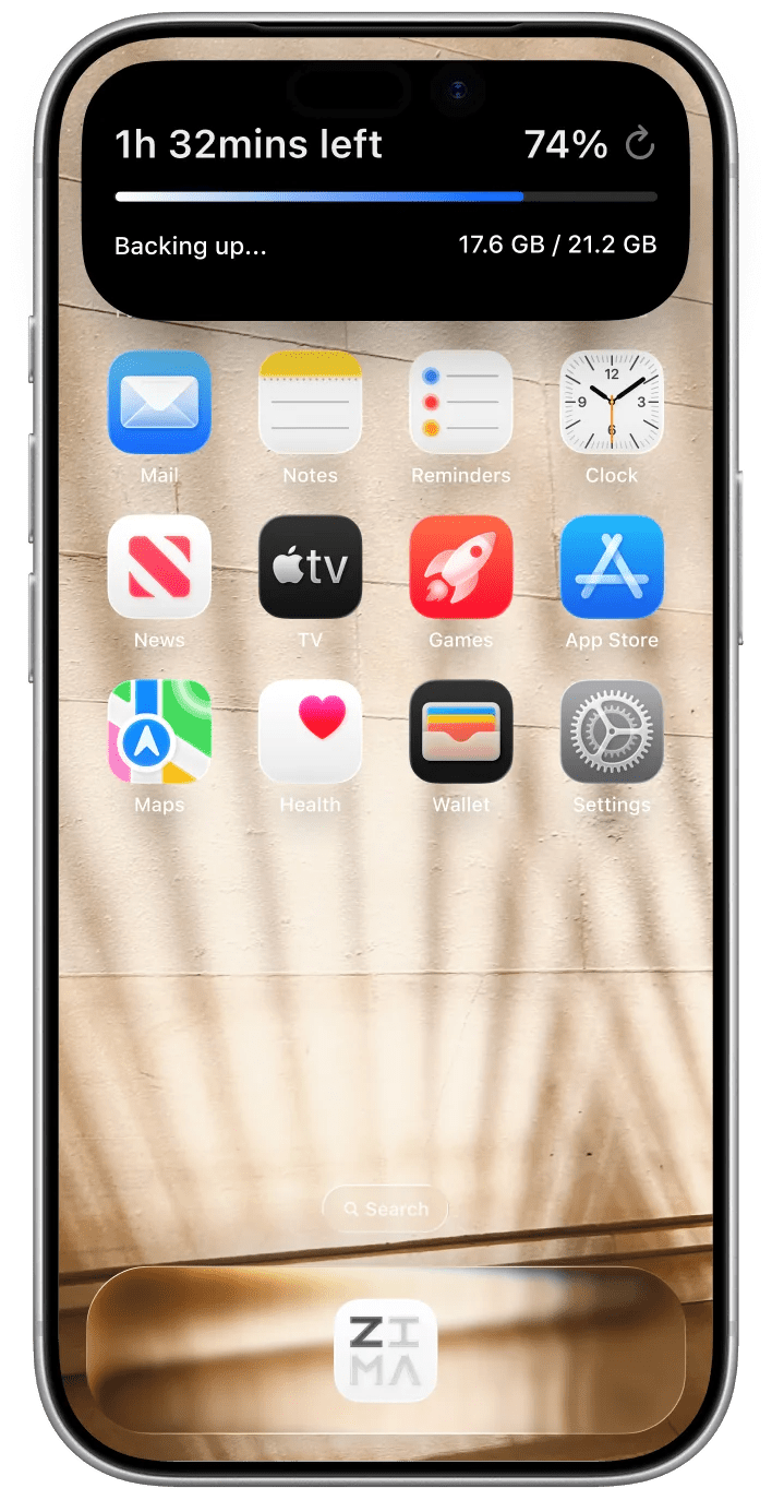 Zima Client backup status on a phone