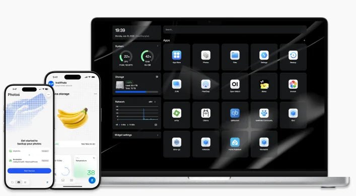 ZimaOS on a laptop and two phones